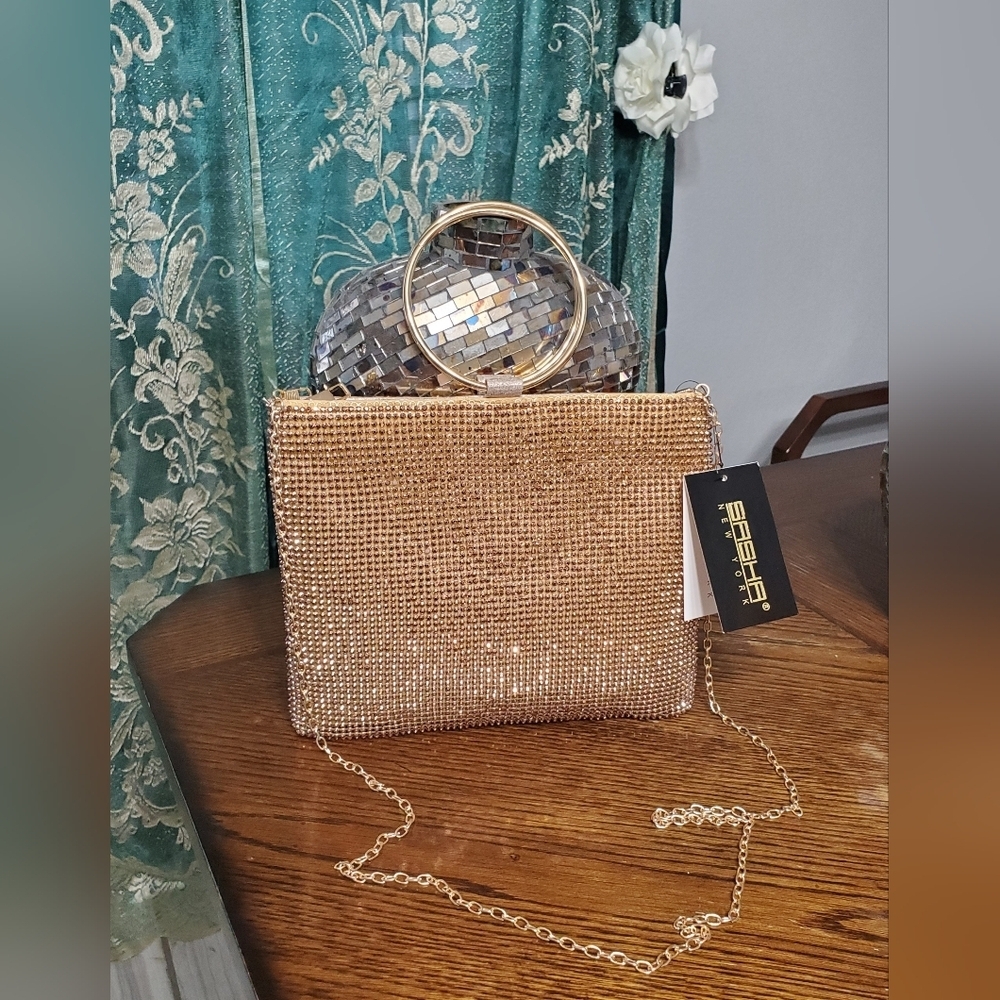 Bebe Gold Rhinestone Mesh Chain Clutch